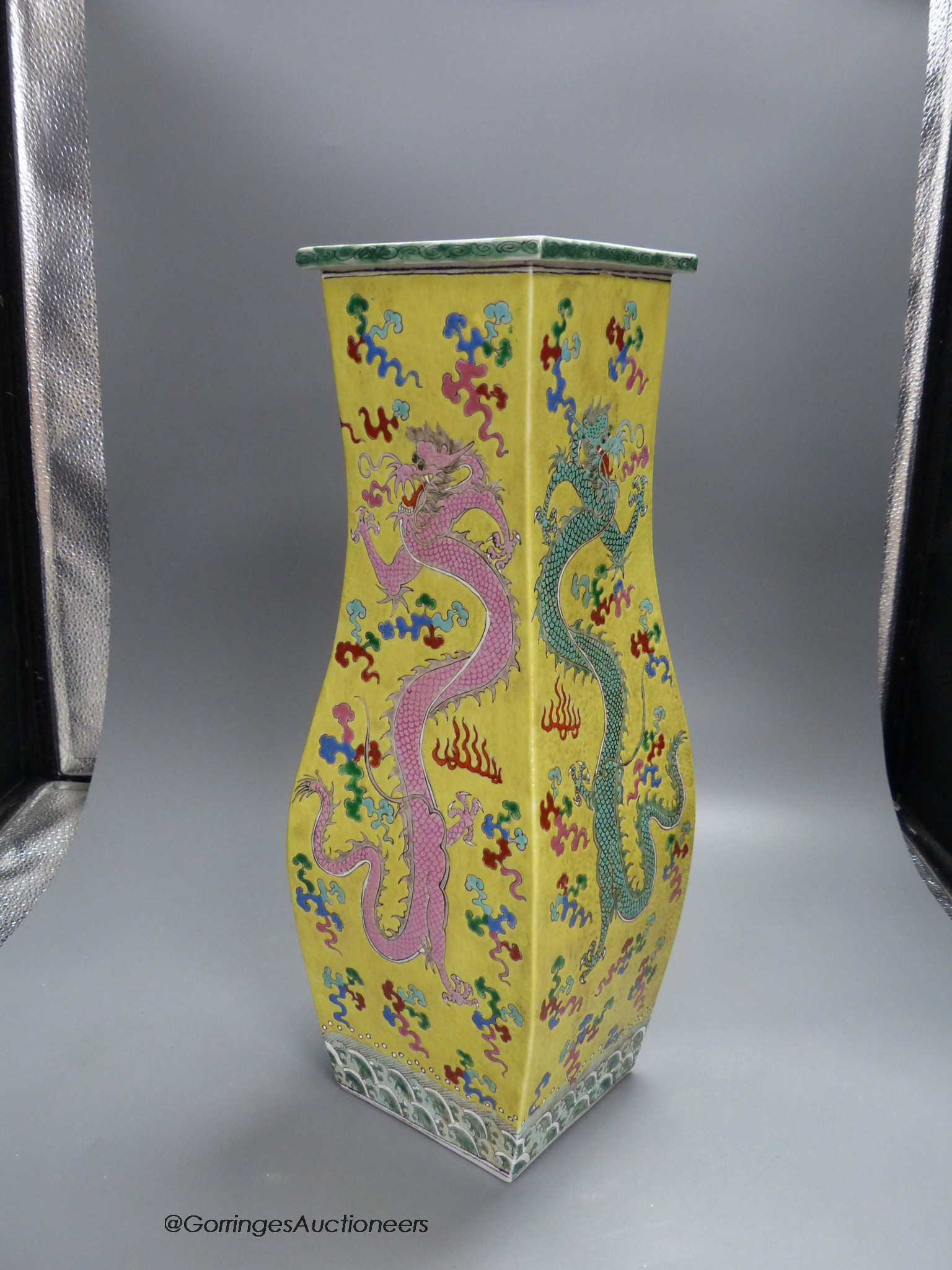 A Chinese yellow ground 'dragon' square baluster vase, 43.5cm high